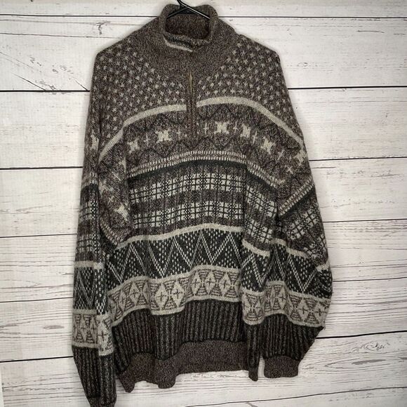 VTG Columbia 100% Wool Knit Grandpa 1/4 Zip Mockneck Sweater Men Size XL Nordic - Picture 1 of 9